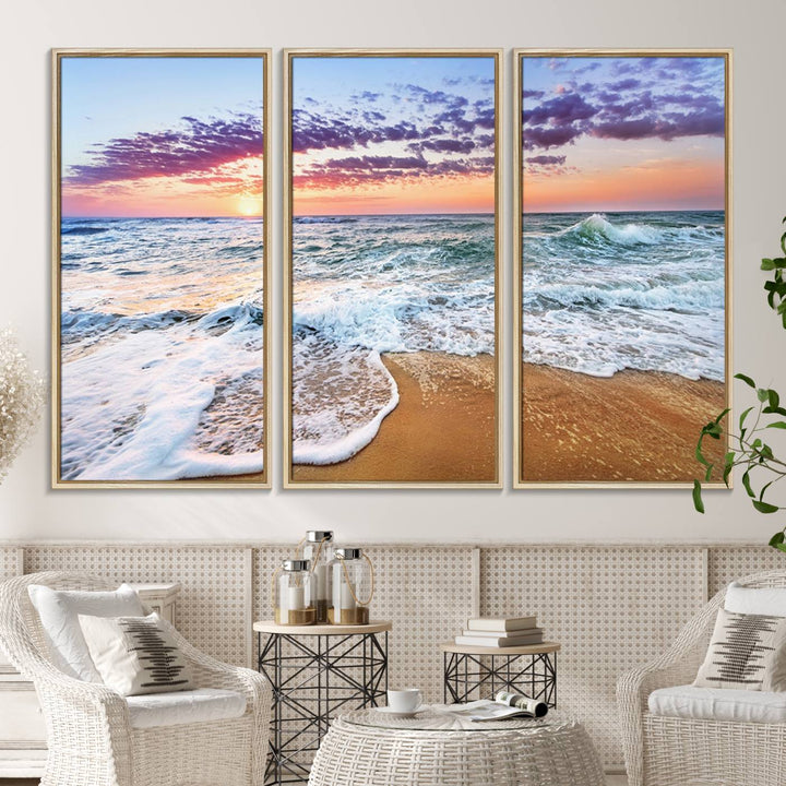 The Vivid Sunset Ocean Waves Triptych hangs on a wooden wall.