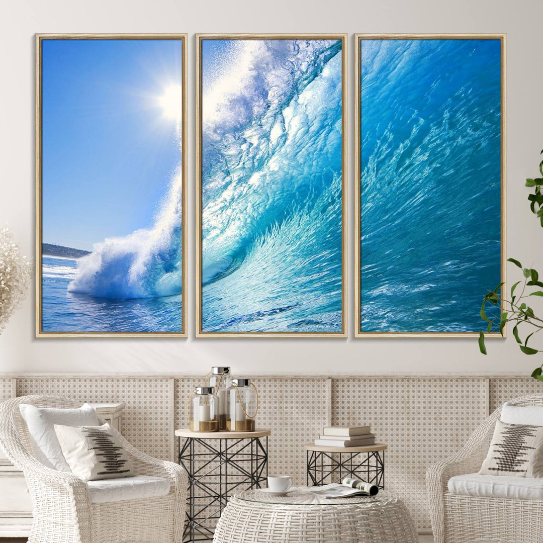 The Blue Big Wave Surfing Ocean Canvas adds a coastal vibe to a wooden wall.