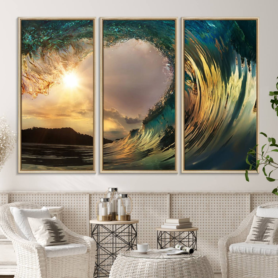 A Golden Wave Sunset Giclee hangs above, showcasing colorful ocean wave art.