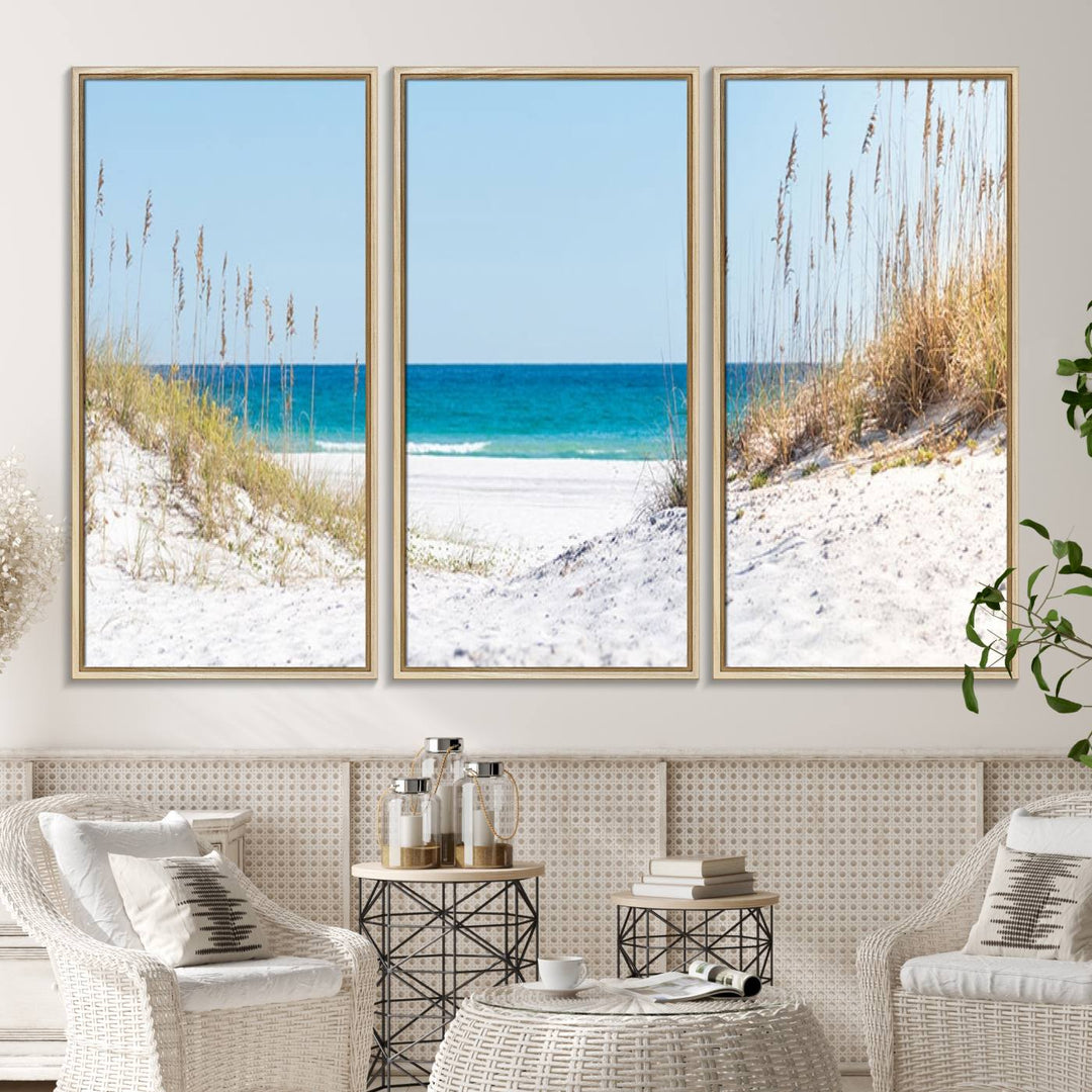 Serene Coastal Dune Path with Ocean View, 3-Panel Beach Canvas Art; tranquil seascape for coastal decor.