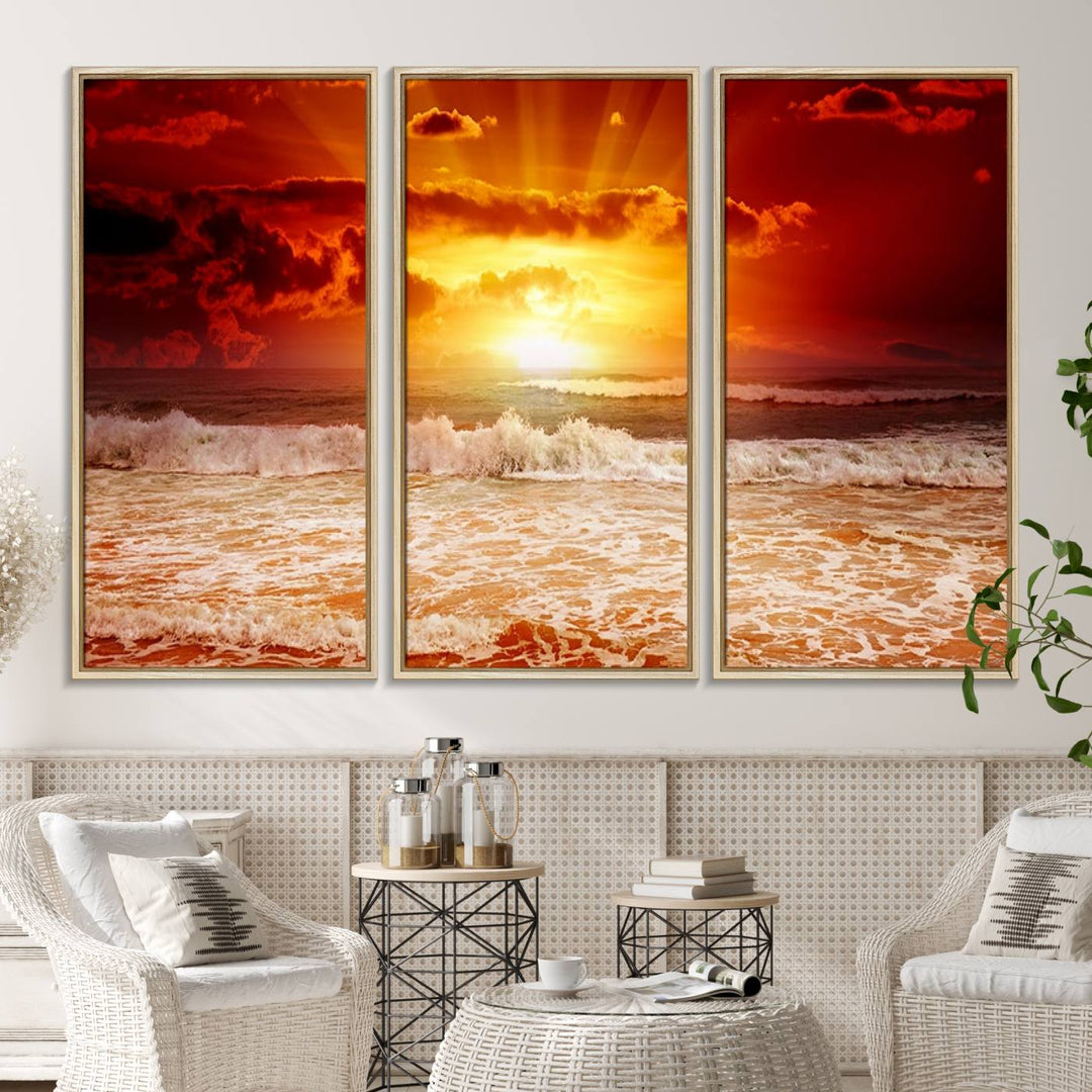 The Red Sunset Ocean Beach Canvas depicts ocean waves.