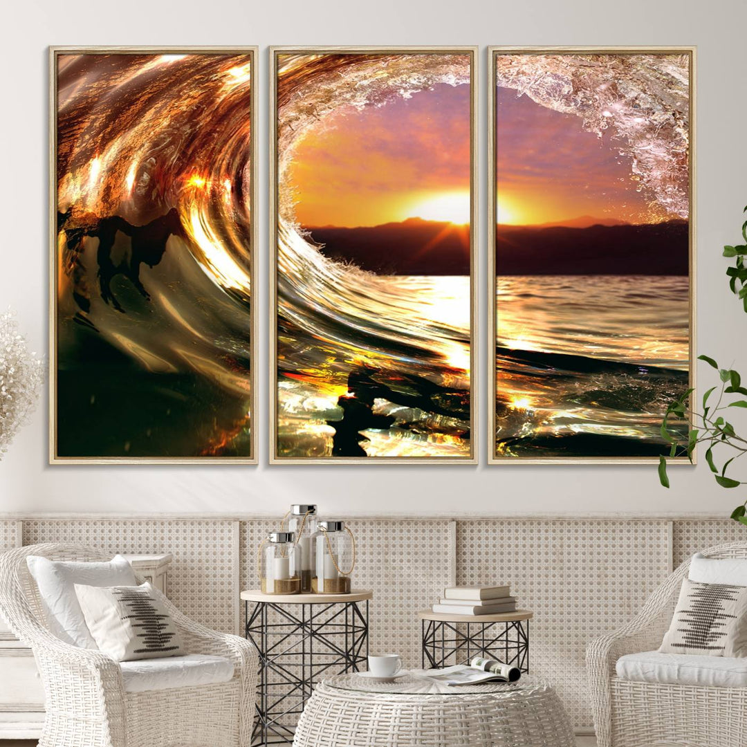 The Golden Wave Sunset Triptych Canvas Art showcases an ocean wave at sunset, casting warm light.