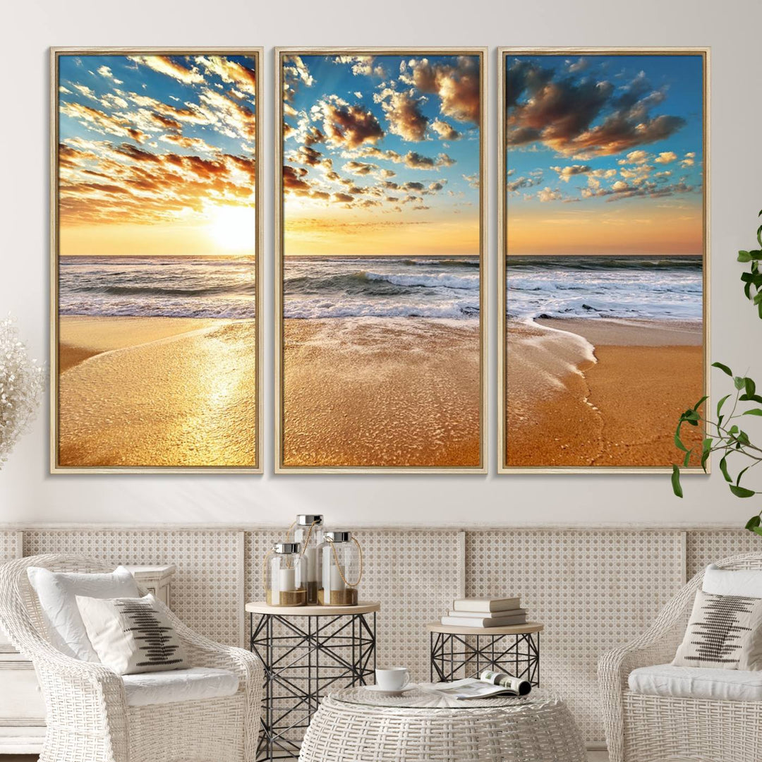 A Golden Sunset Beach giclee triptych canvas hangs prominently.