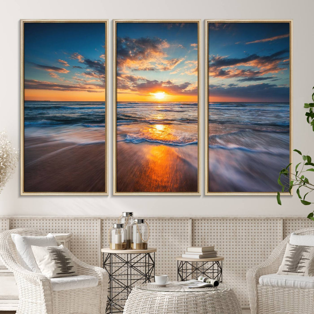 The Sunset on the Ocean canvas adds coastal ambiance to the wooden wall.