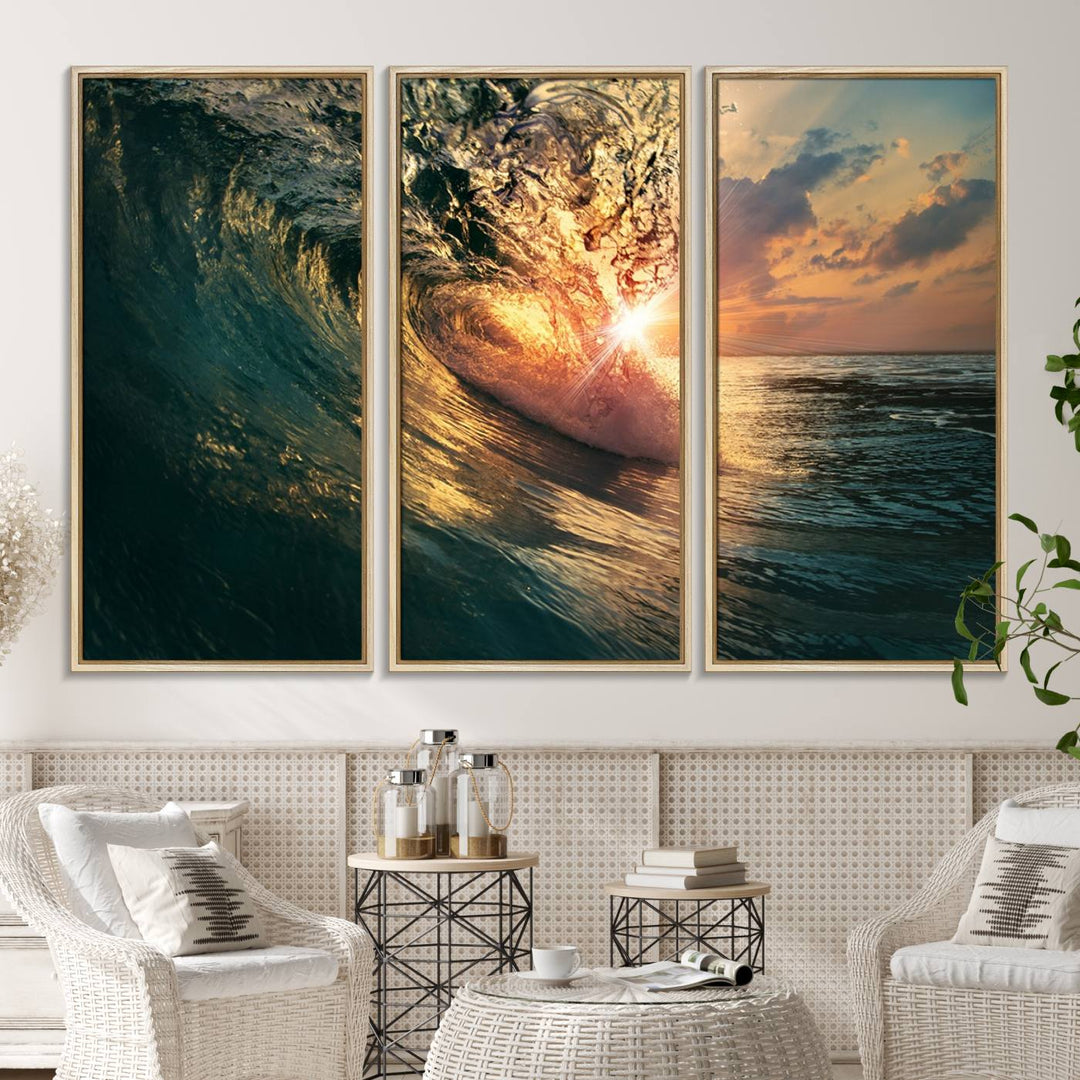 A triptych seascape titled Ocean Wave Sunset Canvas, featuring a stunning ocean view at sunset, is beautifully framed and ready to hang.