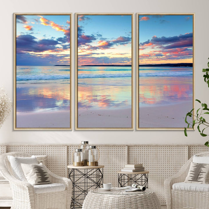 The Tranquil Pastel Sunset Beach Triptych Canvas Art hangs, showcasing its serene beauty.