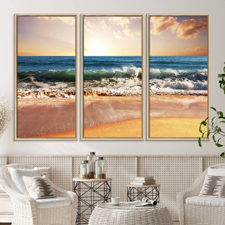 The wall features a Canon-quality Serene Beach Path canvas giclee print, depicting coastal dunes.