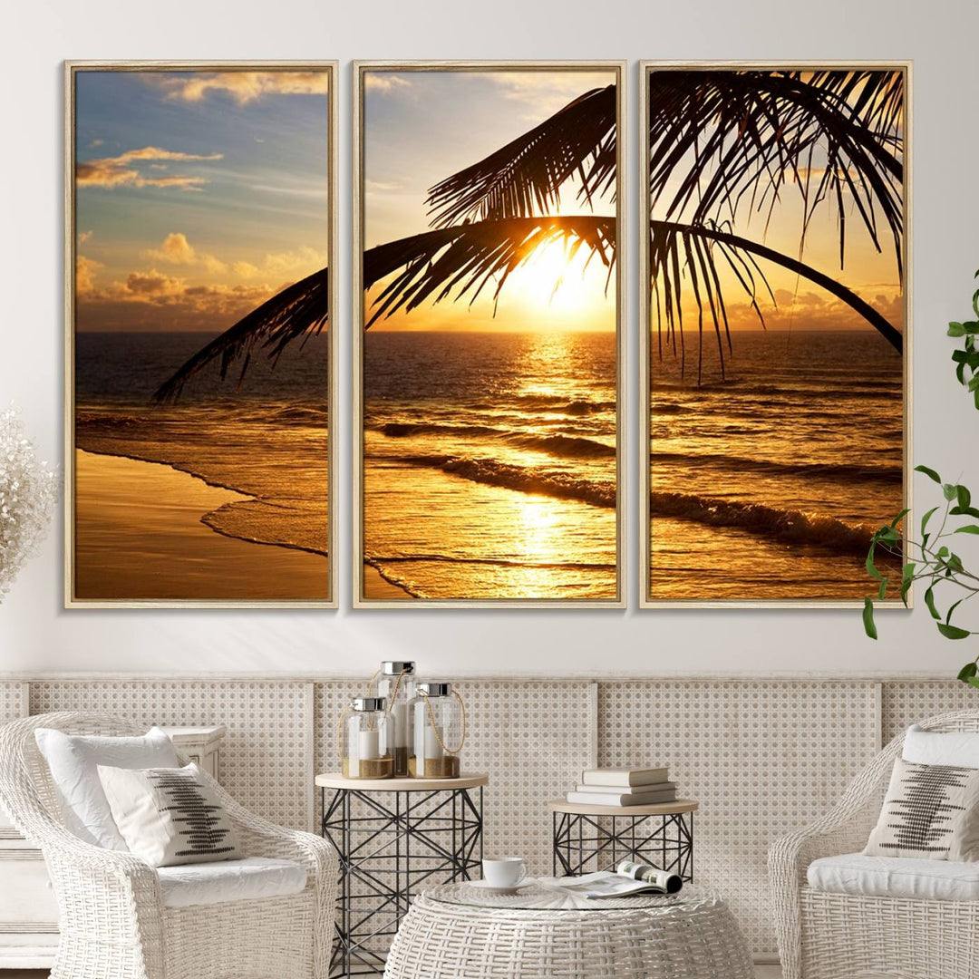 Golden Tropical Beach Sunset Canvas Triptych: Coastal Palm Art & Giclee Print with Gallery Wrap, capturing golden waves.