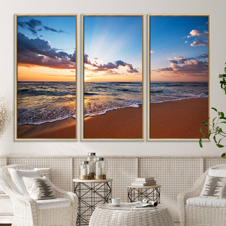 The living room showcases a Serene Ocean Sunset Canvas Print.