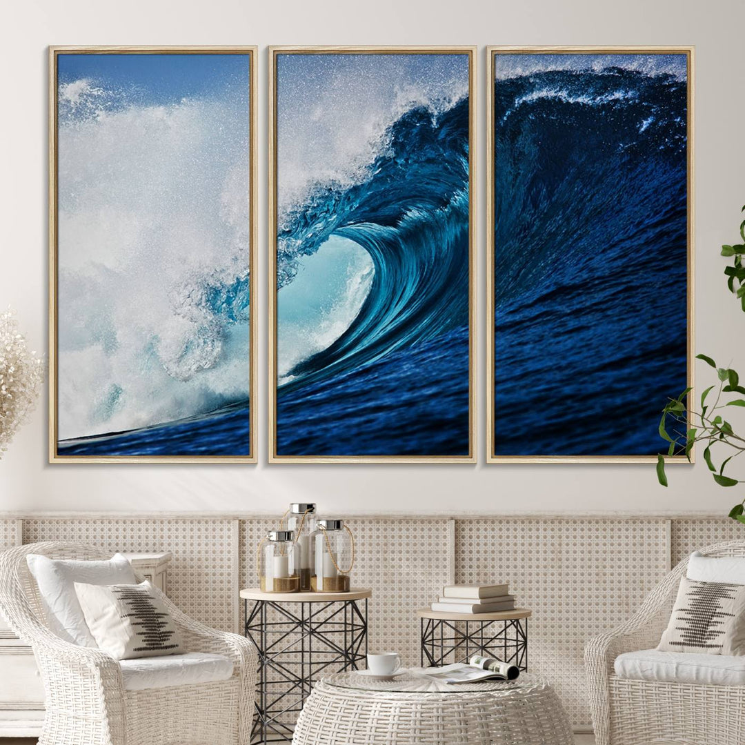 Ocean Wave at Sunset Canvas: A vibrant coastal art piece perfect for modern minimalist decor.