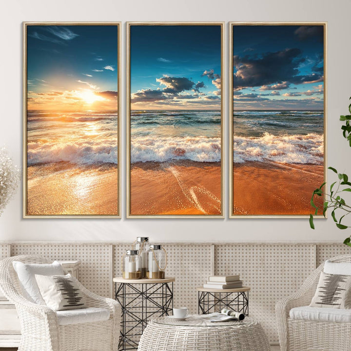 A Golden Sunset Beach Triptych Canvas Art hangs on a white wall.