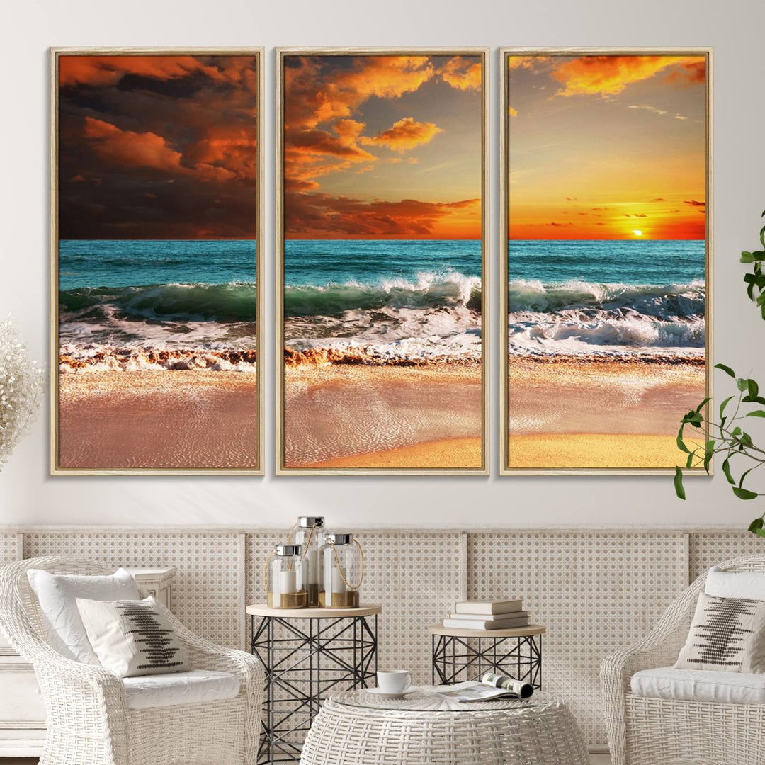 A Golden Sunset Beach triptych seascape canvas hangs on the wall.