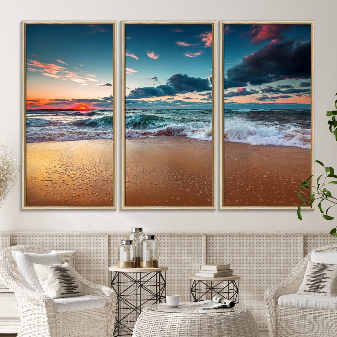 A large 3-panel sunset ocean beach canvas is displayed above the counter.