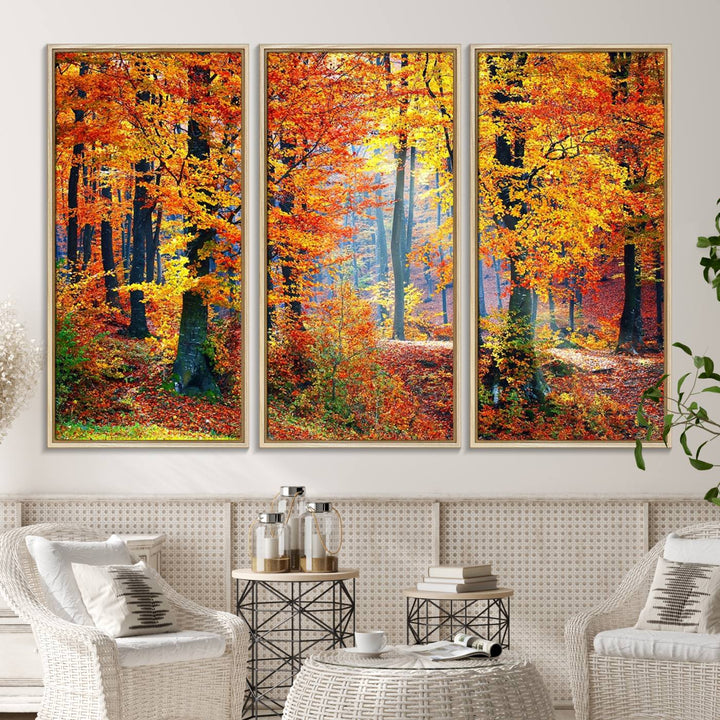 The room features an Autumn Red Forest Triptych Canvas Wall Art.