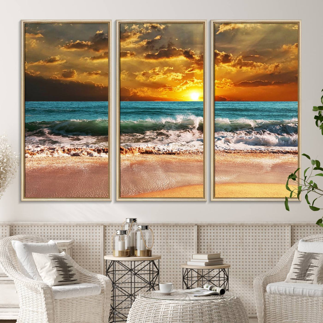 Golden Sunset Beach Canvas Triptych adorns the cozy room, creating a stunning focal point.