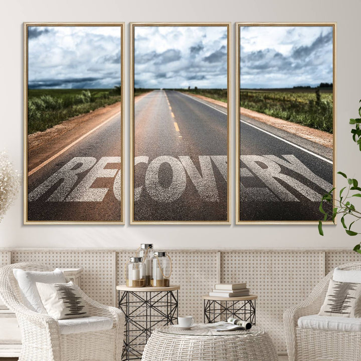 The Recovery Road Wall Art Canvas Print depicts a road under a cloudy horizon.