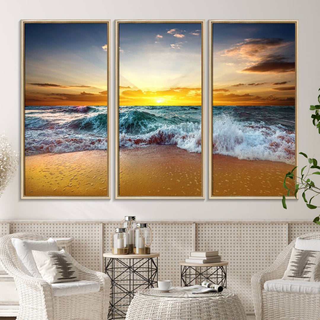 The kitchen features the Golden Sunset Ocean Waves multi-panel coastal wall art canvas.