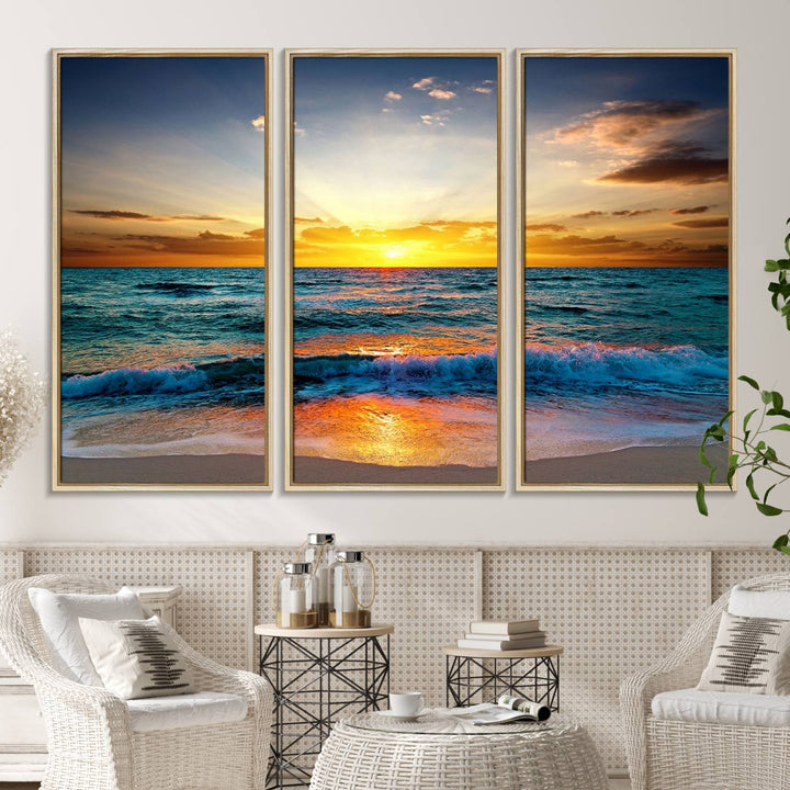 A kitchen dining area with coastal wall art.