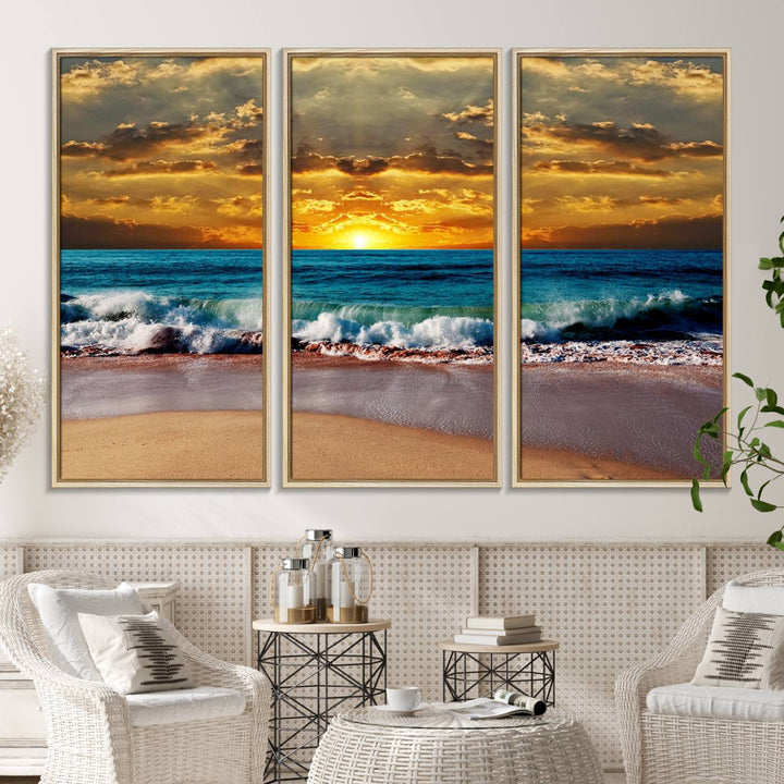 The Ocean Sunrise Over Golden Beach Waves wall art is prominently displayed, capturing the serene beauty of a beach at sunrise.