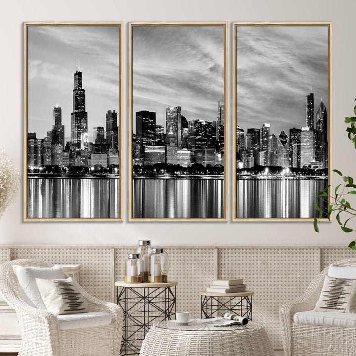 The Chicago City Cloudy Skyline Canvas Print hangs prominently.