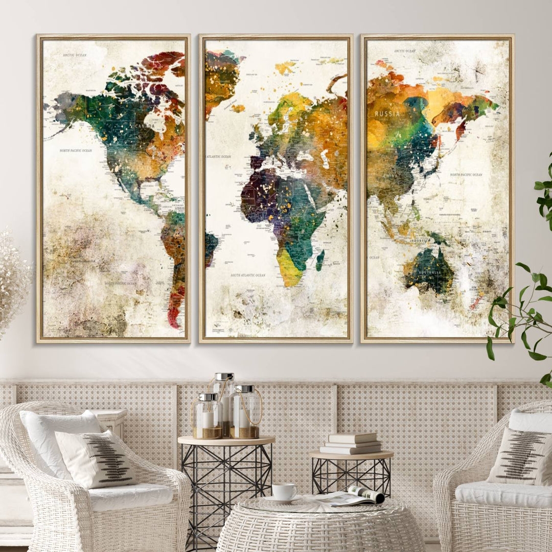 A 3-panel vintage world map canvas art is displayed.