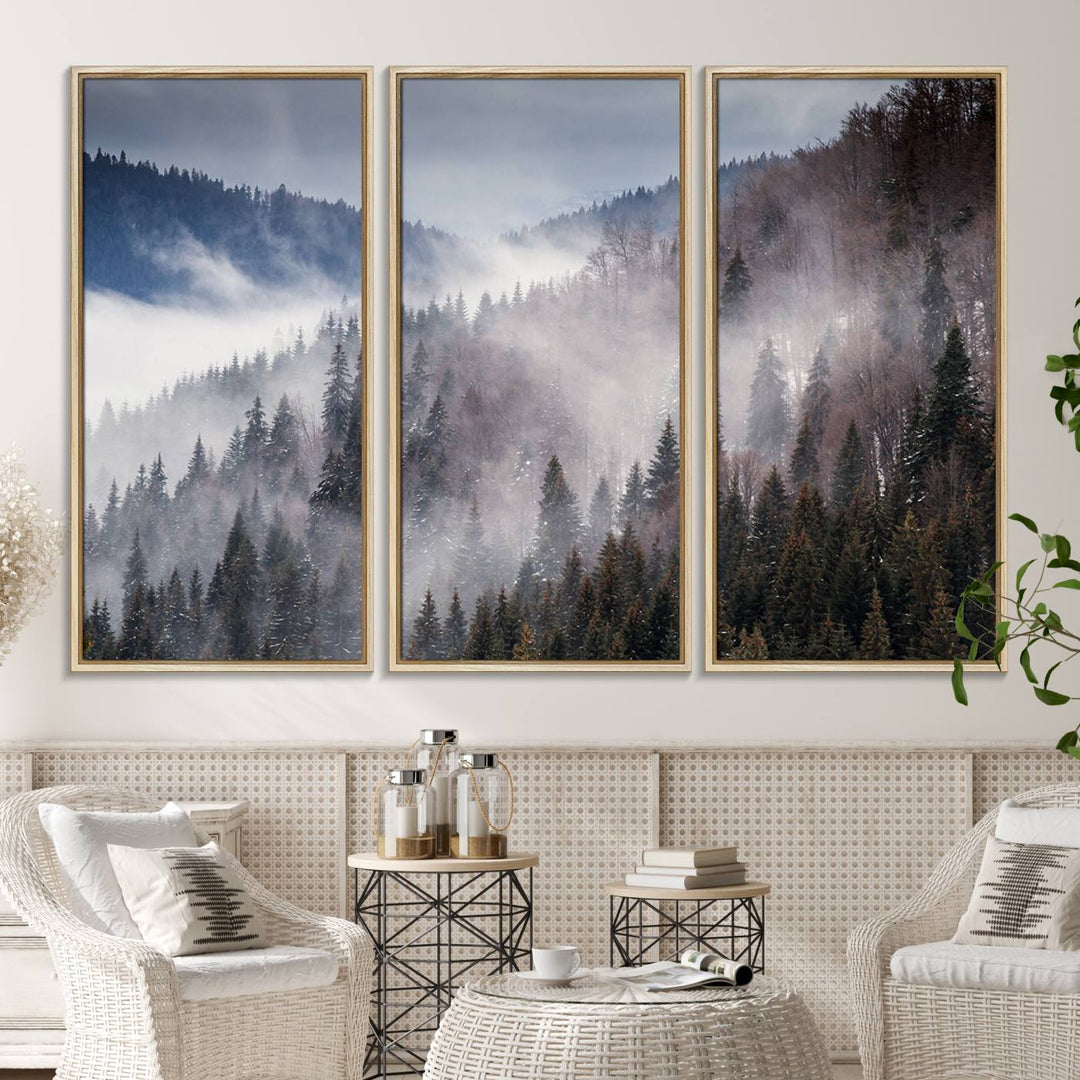 A museum-quality canvas of Beautiful Rising Fog in Winter Mountain Landscape hangs on the wall.