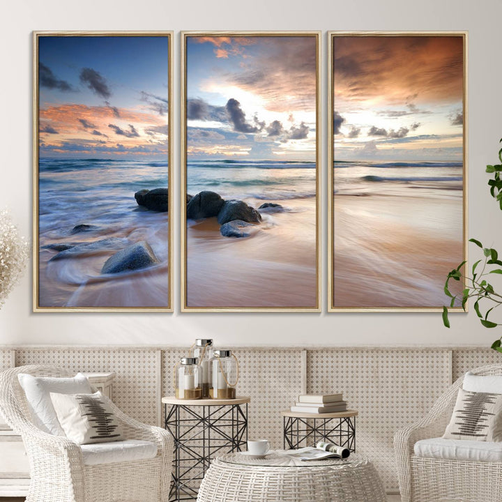 The Serene Weather On The Beach wall art canvas is ready to hang.