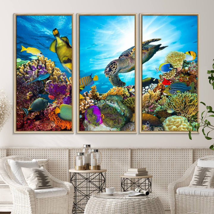 Aquatic Life Sea Turtles Fish Wall Art on canvas, perfect for adding a touch of marine beauty to your space.