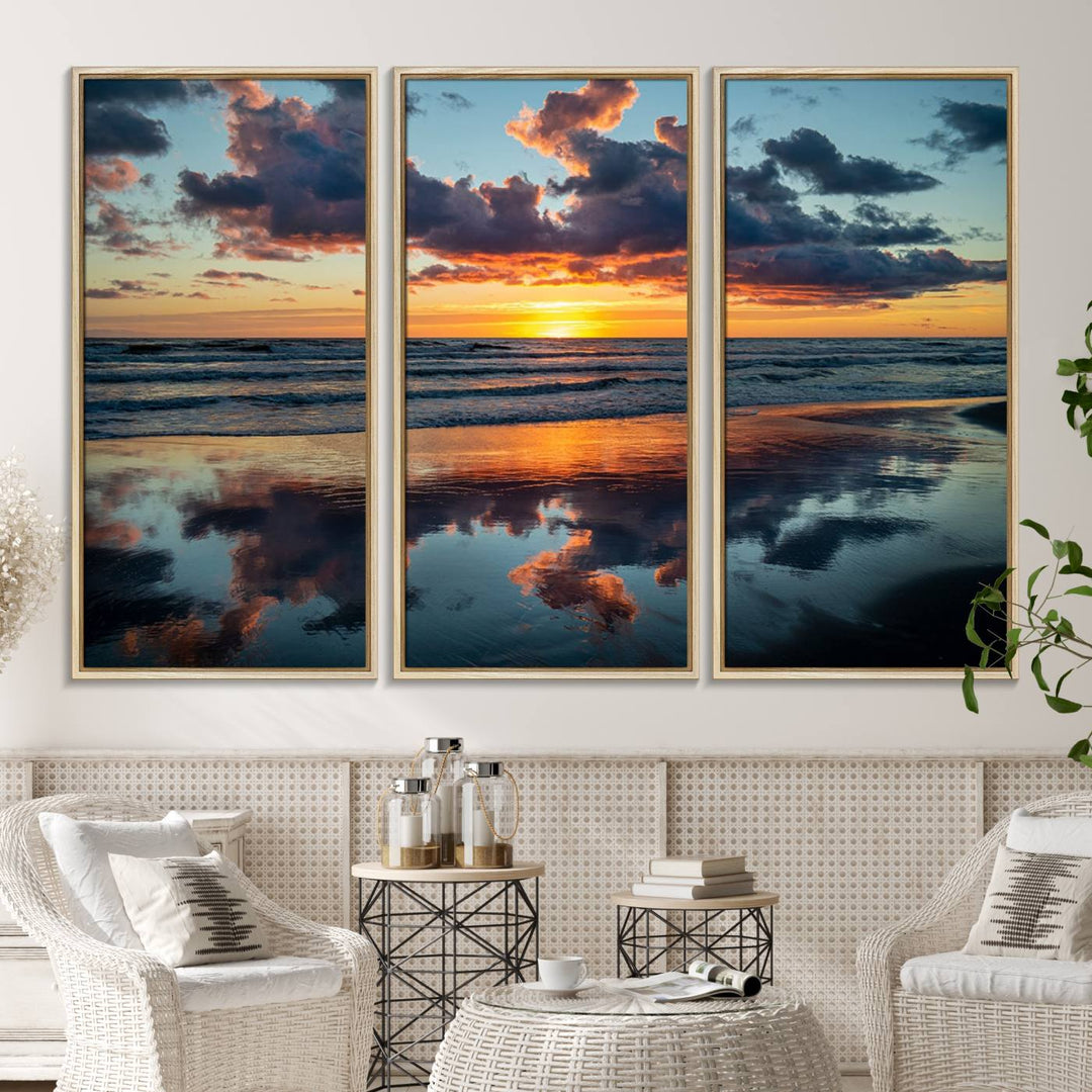 A Beach Sunset Print - Stunning Ocean Canvas Artwork adorns the wall.