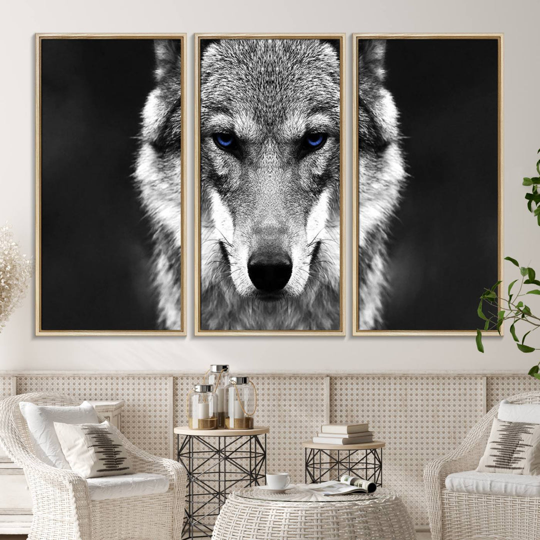 A ready-to-hang Black and White Wild Wolf Wall Art Canvas Print.