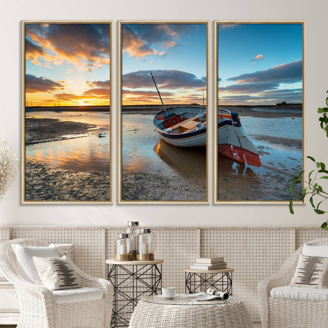 The Small Boat At The Beach Sunset wall art canvas print features UV coating, is museum-quality, and is ready to hang.