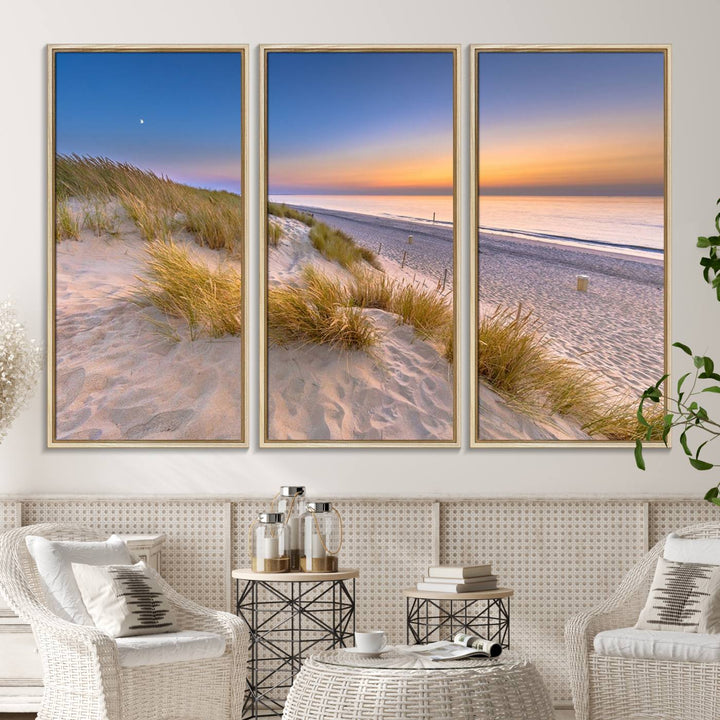 The cozy kitchen features the Sunrise On The Beach canvas art.