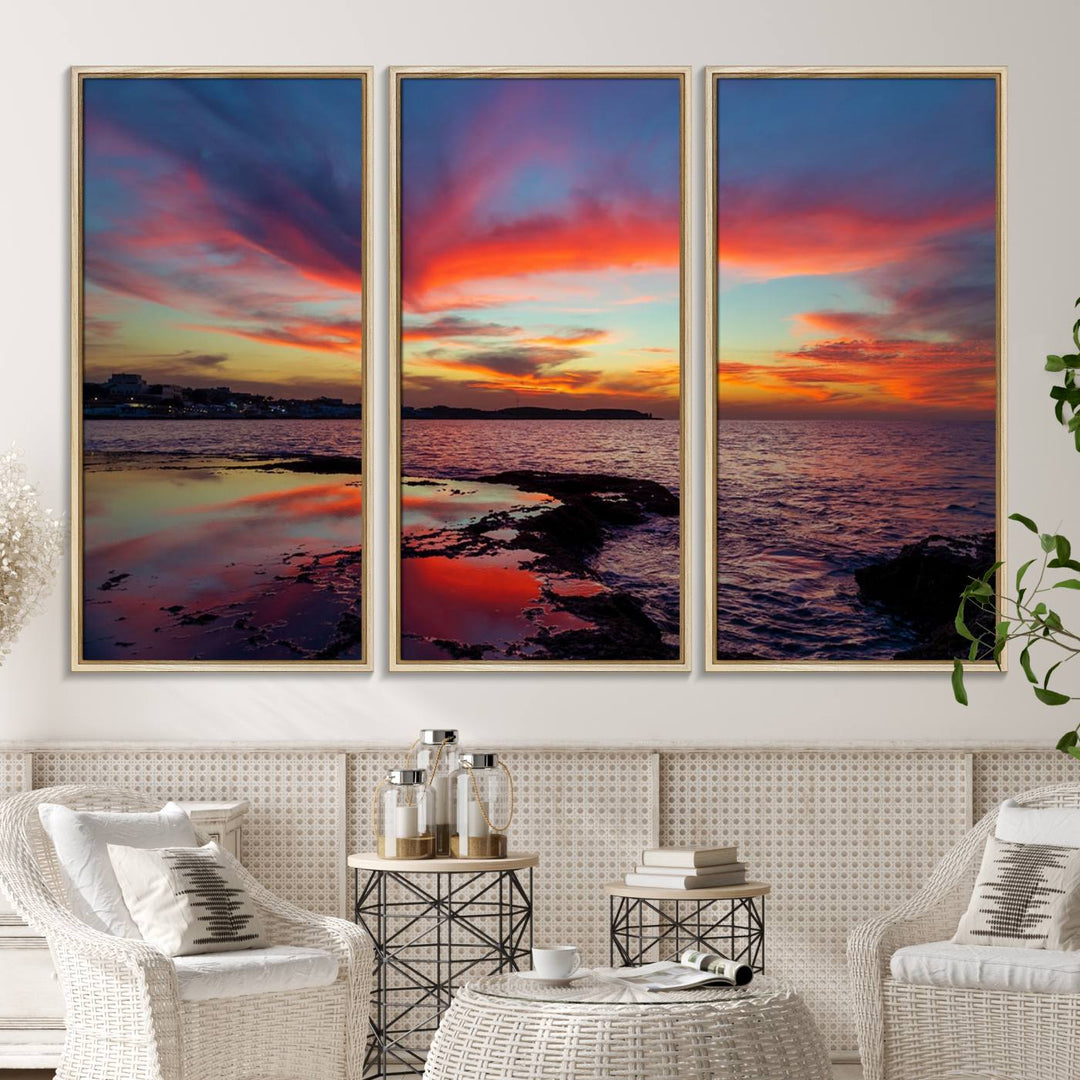 The Glorious Sunset on The Beach canvas print adorns the dining room.