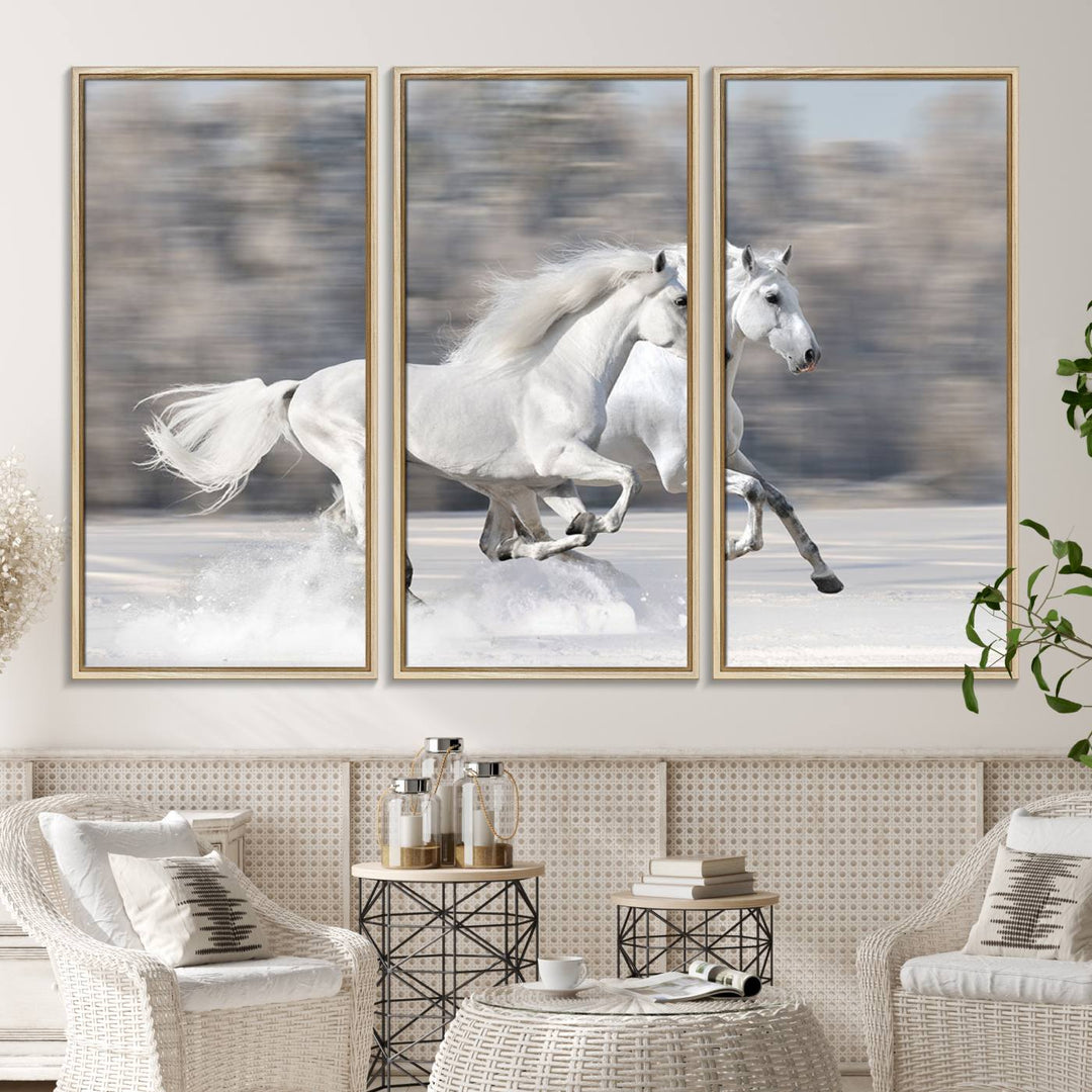 Museum-quality All The White Horses canvas print of two white horses in snow, ready to hang.