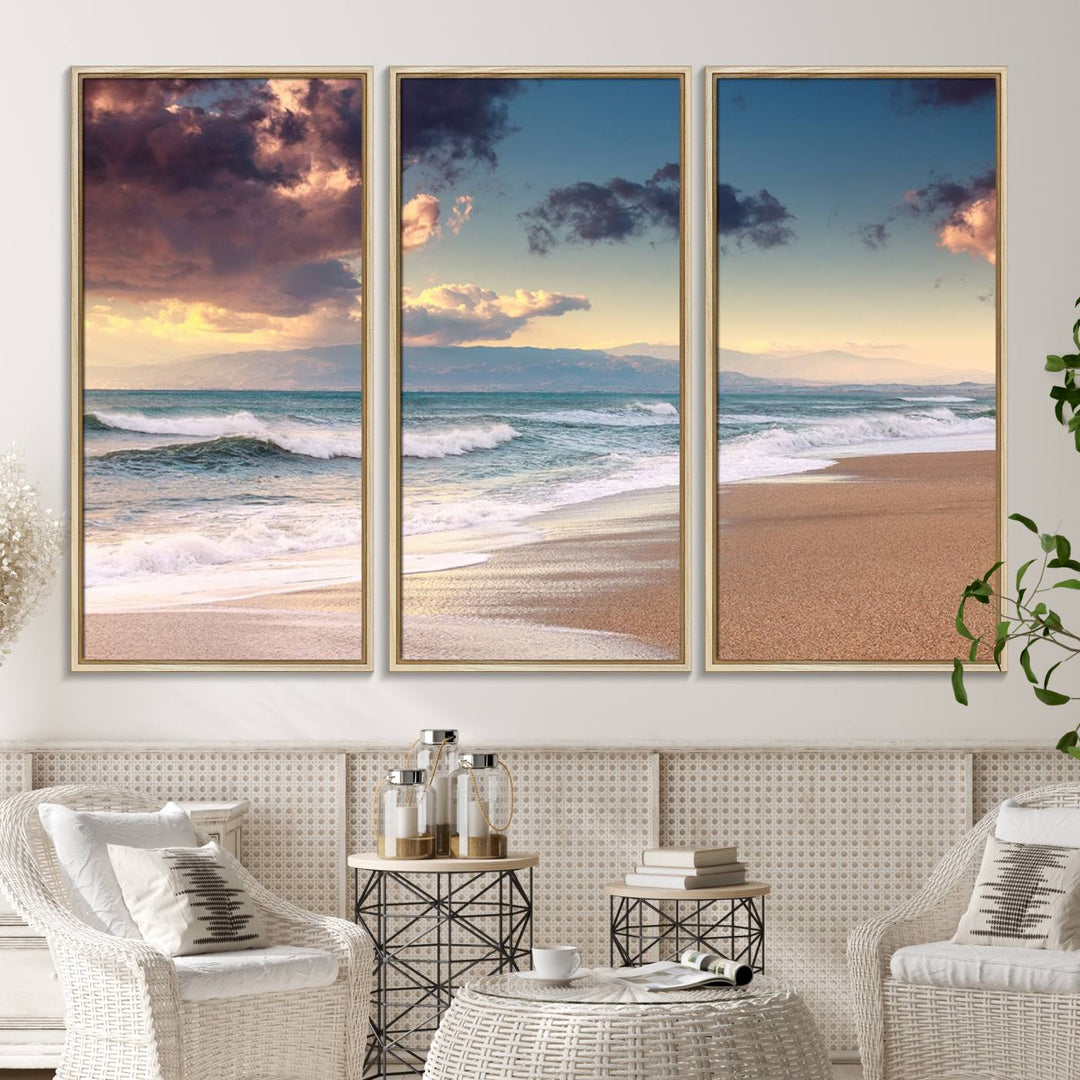 The dining area is enhanced with the Cloudy Weather Beach Sunset Canvas Print.