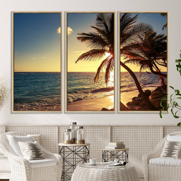 Sunset Palm Trees Wall Art Canvas Print: a serene beach scene on museum-quality canvas.