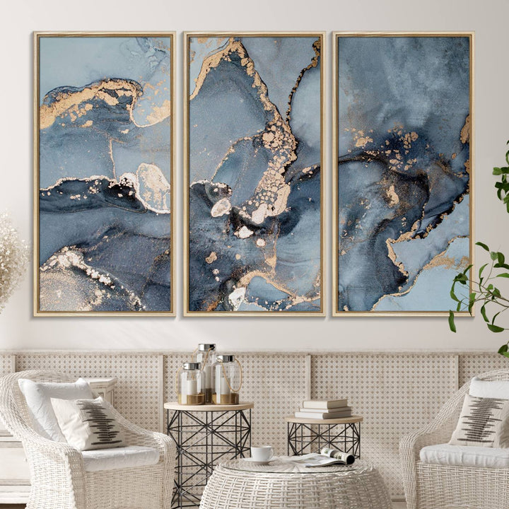 A Multipanel Marble Fluid Effect Canvas Print hangs prominently on the wall.