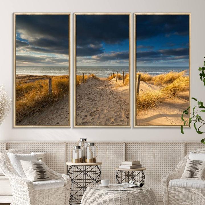 Museum-quality Ocean Beach Dark Clouds canvas print.