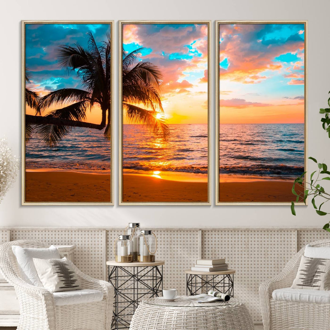 The Palm Tree Sunset On The Beach ready-to-hang canvas wall art—museum quality—brings a serene atmosphere to the room.