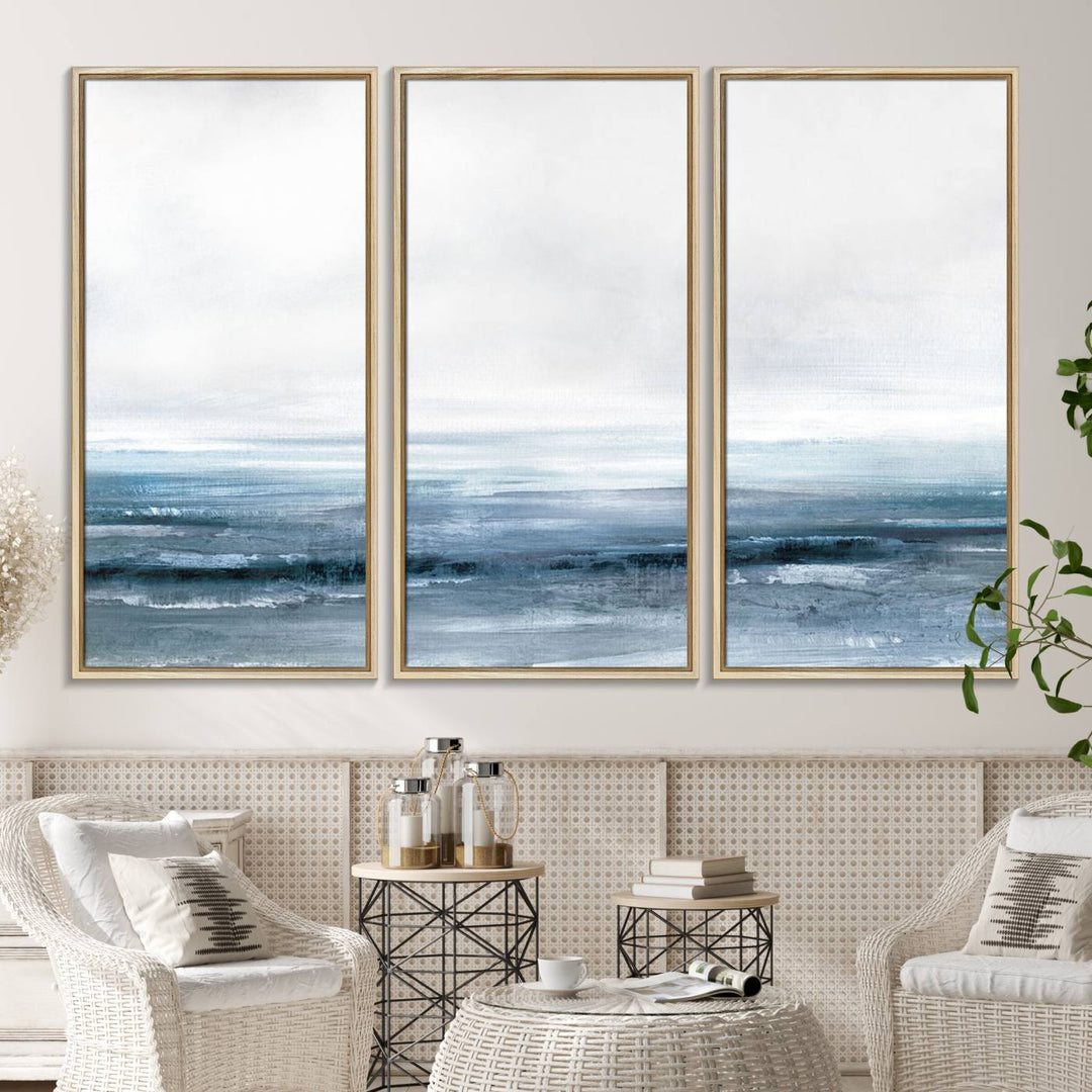 The dining area features Blue Ocean Abstract Artwork on canvas.