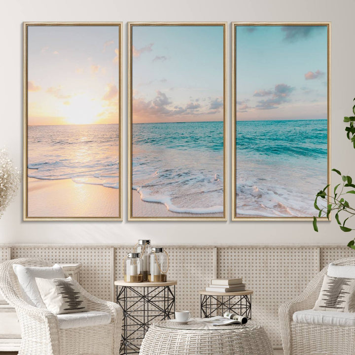 The room features a 3-panel Tranquil Ocean Beach Sunset Canvas Wall Art.