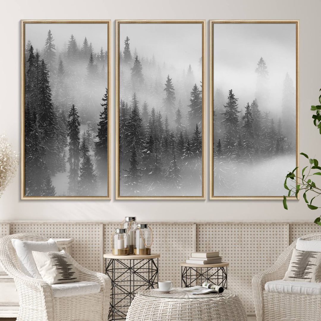 A stunning Foggy Misty Forest Canvas Wall Art adorns the kitchen wall.