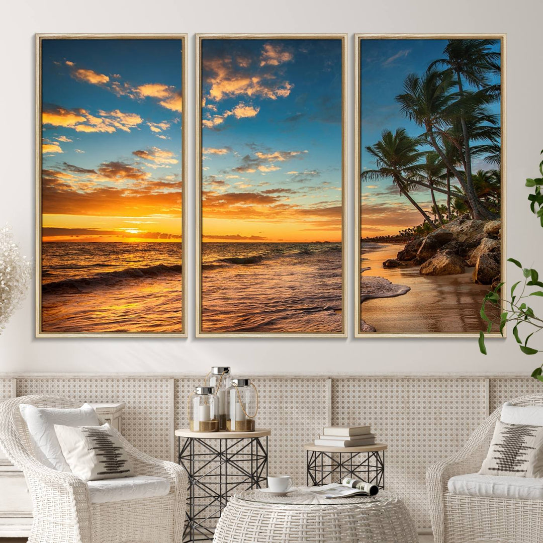 A stunning beach sunset on a museum-quality Sunset Wall Art Canvas Print adorns the kitchen wall.