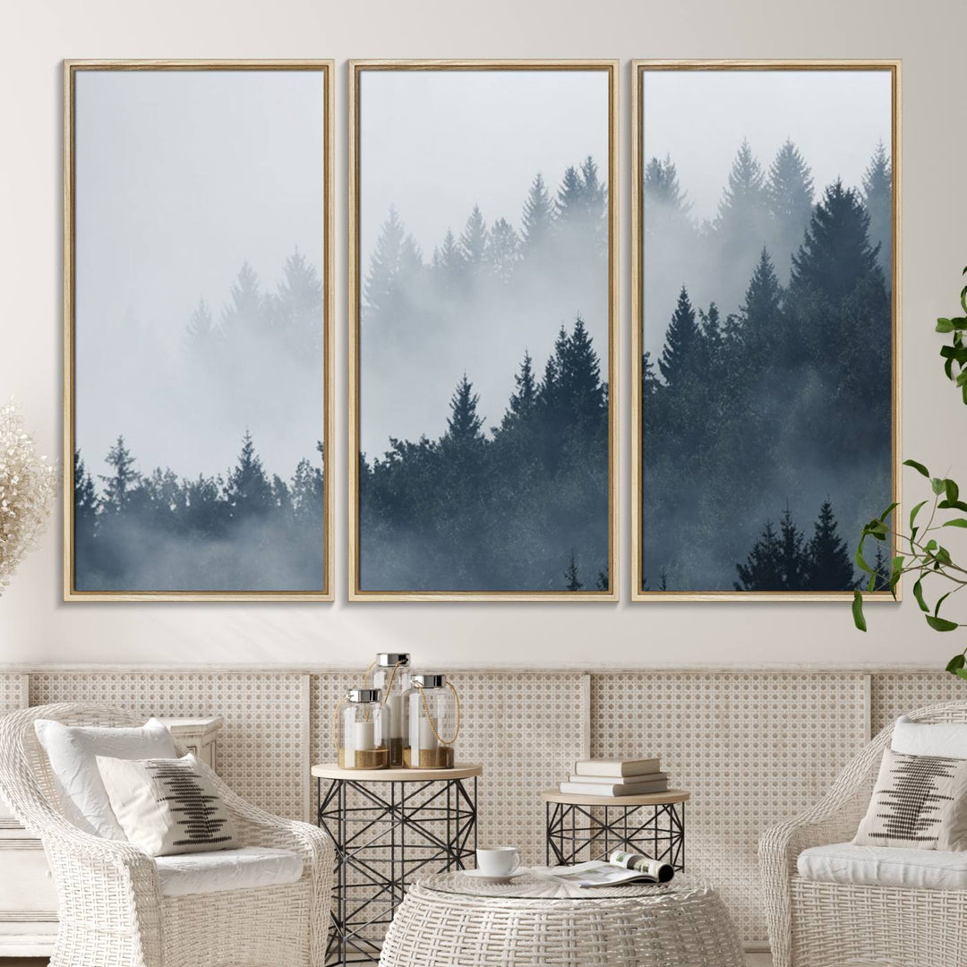 A large Foggy Pine Forest Wall Art Canvas Print.