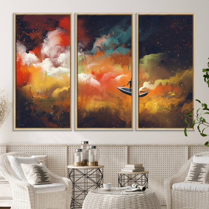 Surreal Space Adventure Canvas Wall Art features a person in a boat.