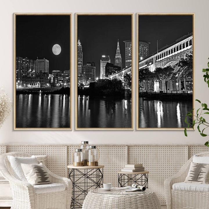 Cleveland Night Skyline Canvas Print: A museum-quality piece, ready to hang, featuring a stunning full moon and its reflections below.