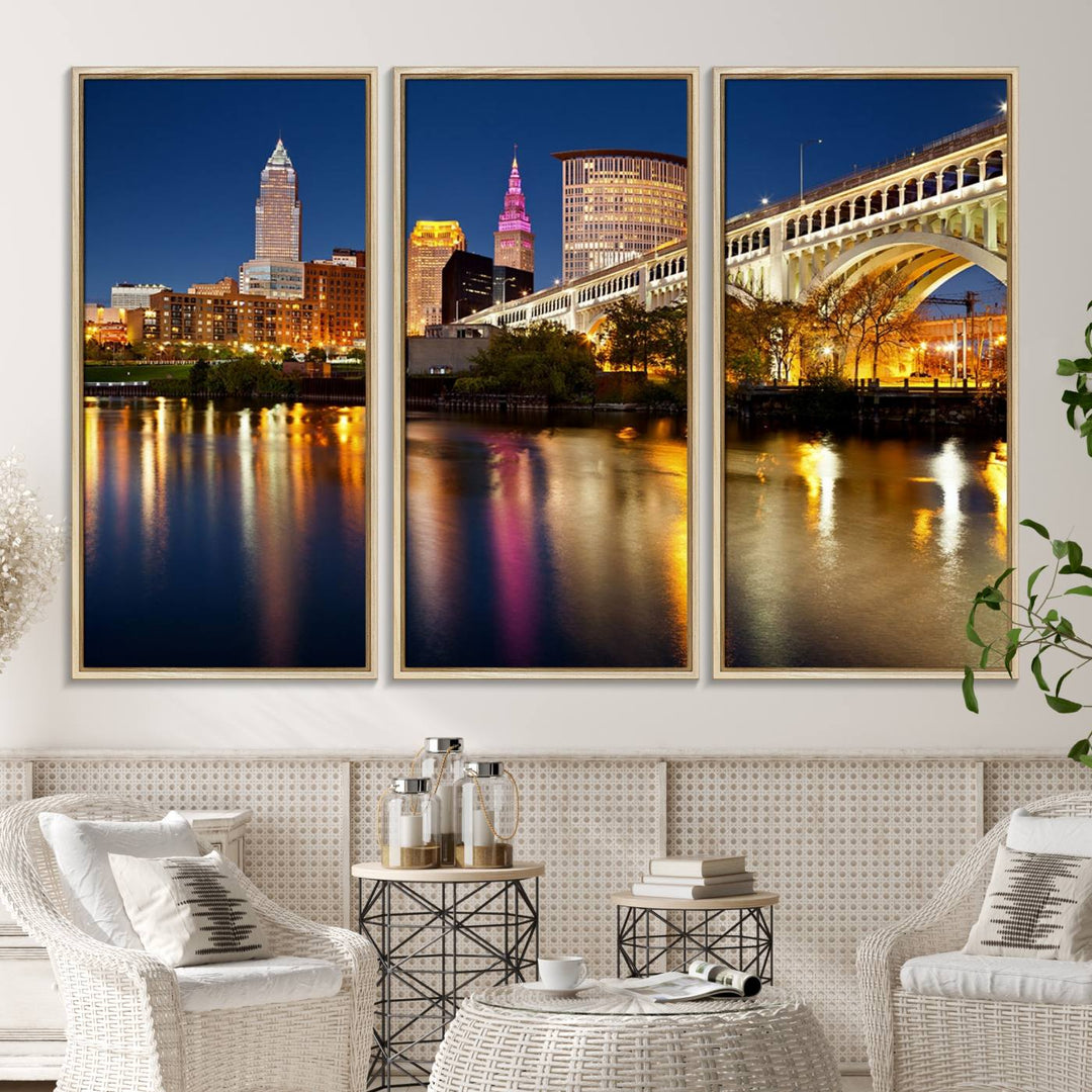 Cleveland Night Skyline Canvas: Cityscape with an illuminated bridge reflecting on calm water.