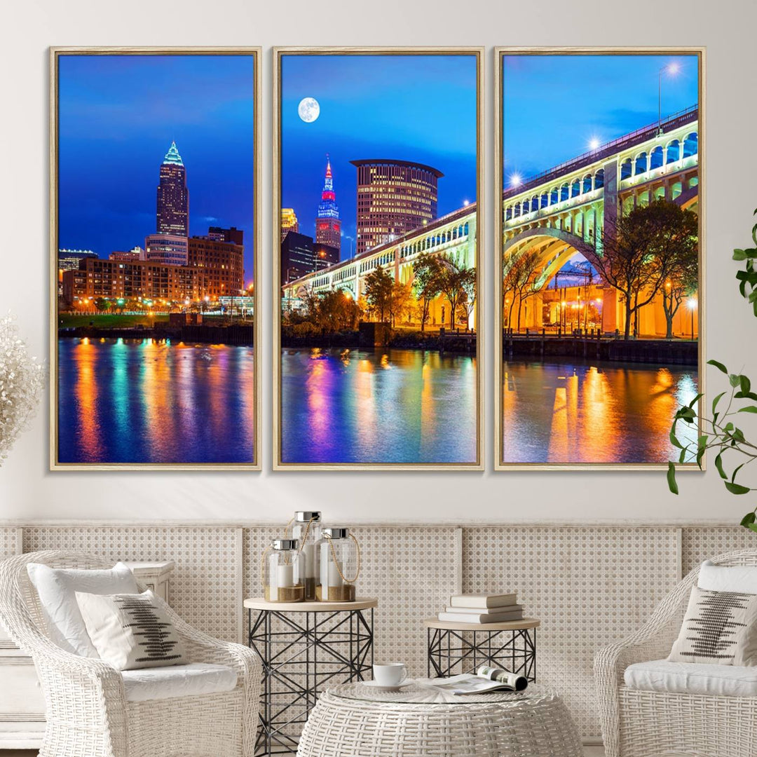 A Cleveland Night Skyline Wall Art on museum-quality canvas showcases a bridge and illuminated buildings.