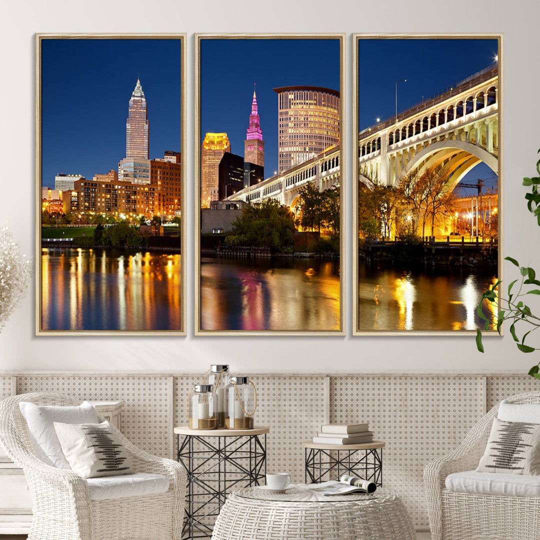 The Cleveland City Lights Canvas showcases a lit-up bridge and cityscape at night.