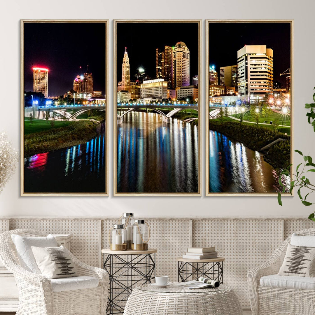 The Columbus City Lights Night Skyline Wall Art Canvas Print adorns the wall.